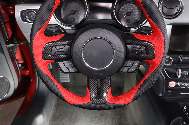 Mustang 15-23 Car Steering Wheel Cover Interior Red/Carbon Fiber - Infinite Aero